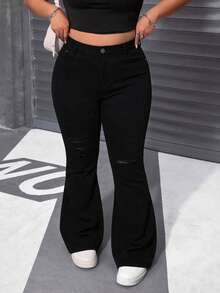 Curvy‑Size Pantalones campana de cintura alta con gran elasticidad, roturas con flecos que elevan glúteos ideal para figuras curvy - Negro - Ver 2