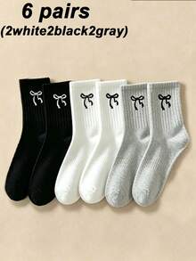 1/5/6/9/10 Pairs Solid Color Bow Mid-Calf Socks For Women, Sports Socks, Fashionable Minimalist Casual Comfortable Daily Versatile All-Season - Multicolor - View 17