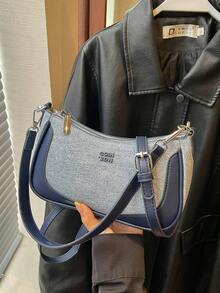Light Blue Textured Patchwork Underarm Bag With Detachable Shoulder Strap, Minimalist Zipper Shoulder Handbag For Daily Use - Blue - View 4