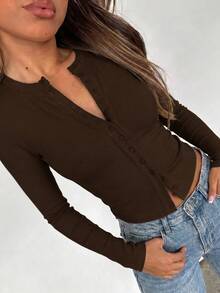 Women's Y2K Sexy Slim Fit Crew Neck Breathable Long Sleeve T-Shirt, Suitable For Daily Wear Brown - Brown - View 6