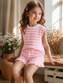 Chatreadl 2pcs/Set Girls Sweet Pink & White Striped Knit Outfit, Summer Round Neck Short Sleeve Top + Drawstring Shorts, Soft & Skin-Friendly Children Casual Wear - Pink - View 1