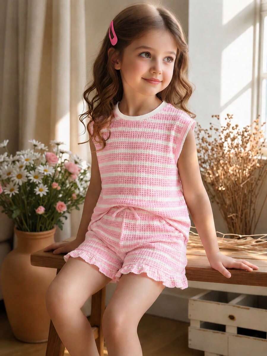 Chatreadl 2pcs/Set Girls Sweet Pink & White Striped Knit Outfit, Summer Round Neck Short Sleeve Top + Drawstring Shorts, Soft & Skin-Friendly Children Casual Wear - Pink - View 1