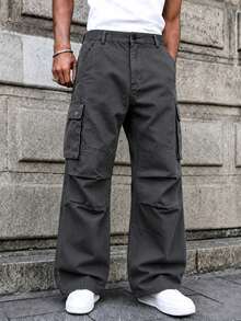 Men's Minimalist Loose Long Solid Color Cargo Pants, Suitable For Autumn, Street Style Cargo Pants, Personalized Multi-Pocket Practical Lumberjack Pants, Wide Leg Pants - Grey - View 10