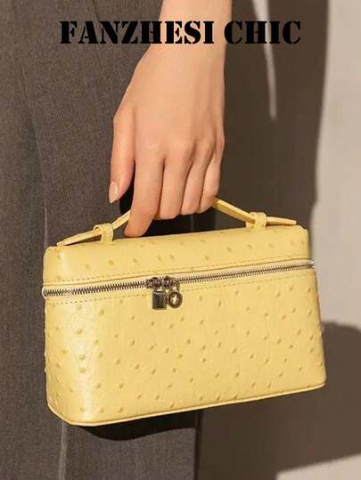 Solid Cream Yellow Grain Textured Mini Carryall Bag, Rectangular Hard Shell Zipper Clutch For Date Night Daily Storage