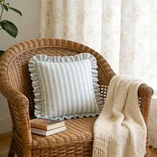 1pc Striped Ruffle Pillow Case, Bohemian, Soft Square Decorative Cushion Cover, Country Style Light-Colored Striped Sofa Bed Home Decor, No Inner Core - Blue - View 5