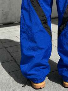 High Street Style Adjustable Hem Wide Leg Nylon Casual Pants Streetwear Racing Style Nylon Pants Printed Colorblock Line Adjustable Hem Wide Leg Casual Pants Streetwear Scene - Blue - View 6