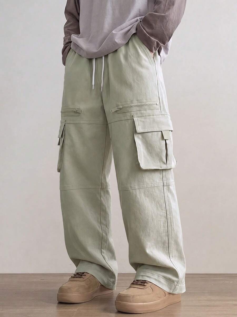 1pc Boys' Street Sports Style Multi-Pocket Double Side Zipper Wide Leg Casual Long Pants - Light Grey - View 1