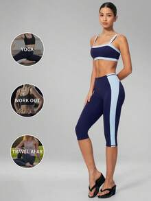 MFVIM Women 2 Pieces Yoga Set, Colorblock Square Neck Camisole Top & High Waist Slimming Capris Anti-Exposure - Navy Blue - View 5