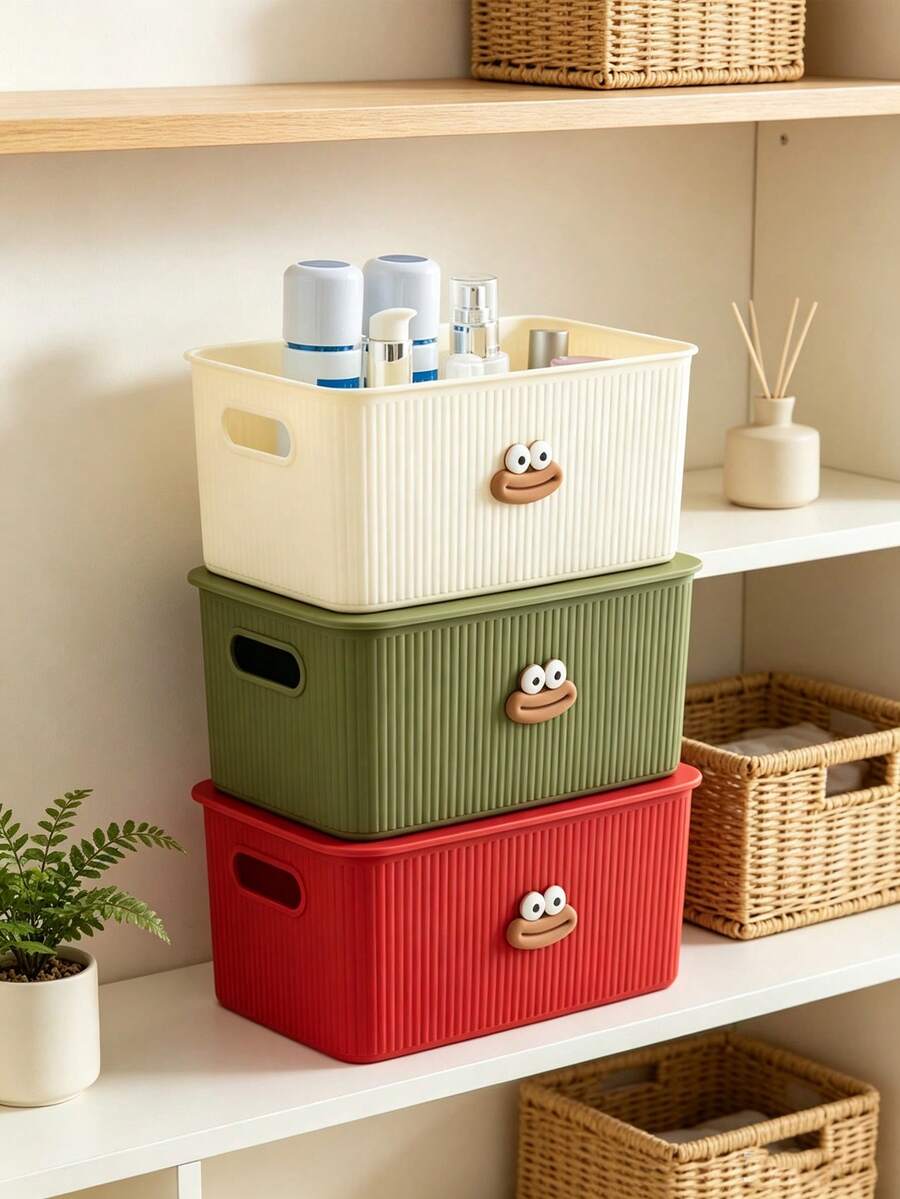 1個/7個裝可愛卡通裝飾收納桶，側面鏤空把手方便移動，可堆疊設計節省空間，大容量內層適合收納洗漱用品與日常雜物，外觀可愛，適用於浴室、櫥櫃與檯面使用