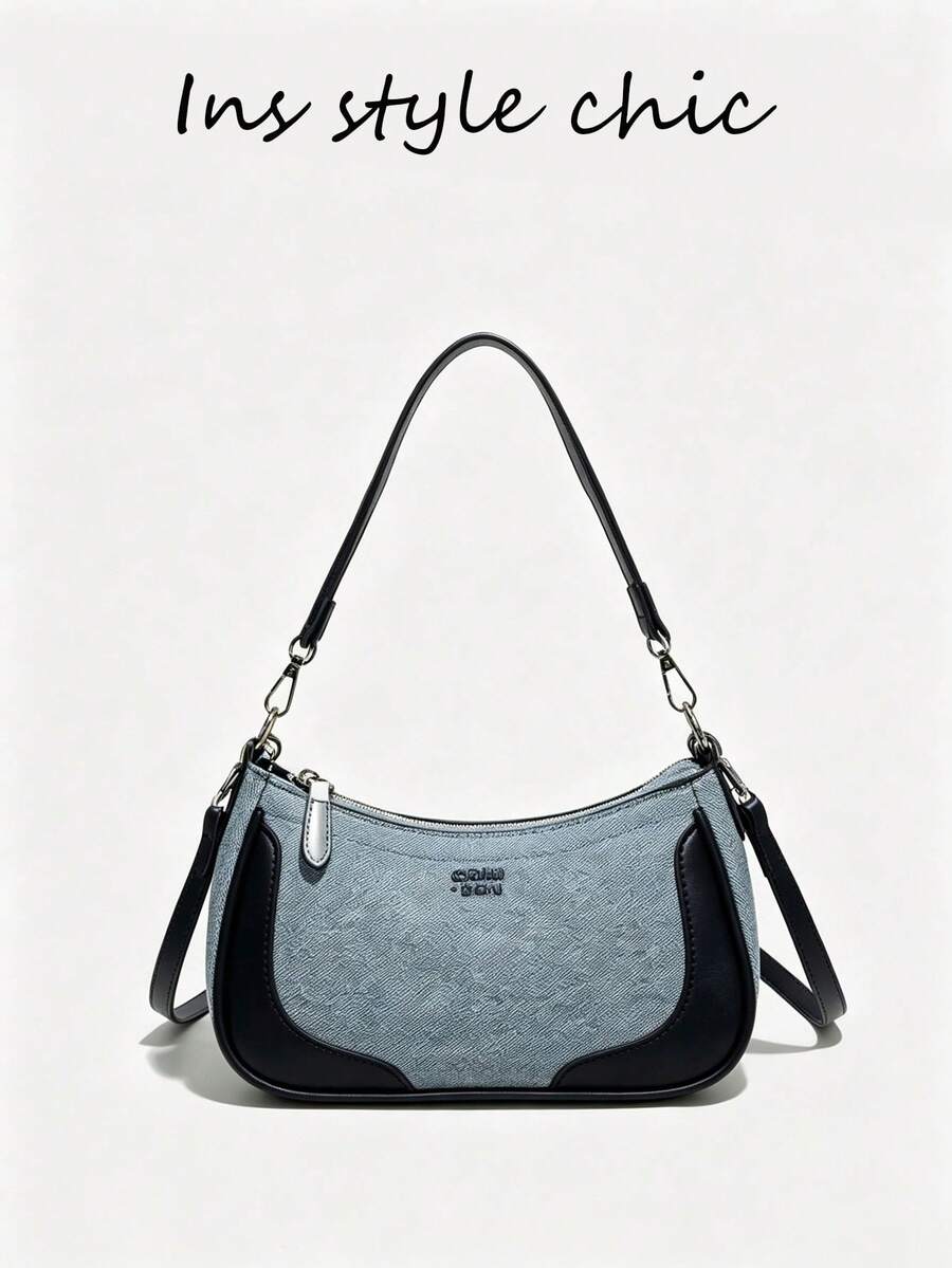Light Blue Textured Patchwork Underarm Bag With Detachable Shoulder Strap, Minimalist Zipper Shoulder Handbag For Daily Use - Blue - View 1