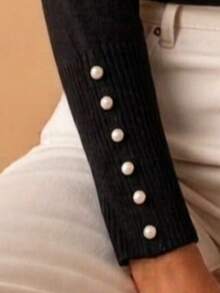 Basic Knit Sweater Blouse With Pearl Detail, Polyester, Pearls, Nightwear - Black - View 3