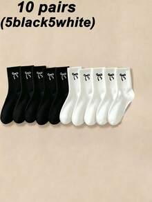 1/5/6/9/10 Pairs Solid Color Bow Mid-Calf Socks For Women, Sports Socks, Fashionable Minimalist Casual Comfortable Daily Versatile All-Season - Multicolor - View 13