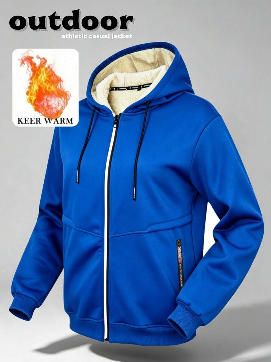 1pc Men's Thickened Lamb Fleece Zip-Up Sweatshirt Hoodie Fleece Jacket, Casual Versatile Knit Sweatshirt Coat - Royal Blue - View 1