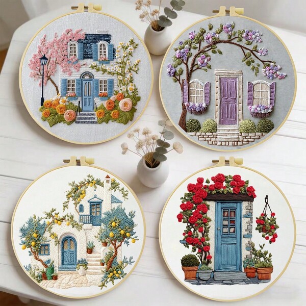Embroidery Kit 15x15cm/5.9in Or 20x20cm/7.9in Fairy Tale Cottage Theme Includes 2 Embroidery Needles, Embroidery Thread, Pre-Printed Fabric, Embroidery Hoop And Instructions Suitable For Beginners Perfect Gift For Family/Friends Home/Office Wall Decor Simple DIY Art