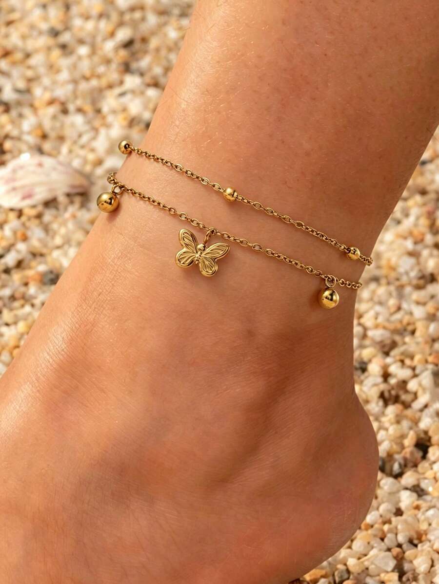 1pc Stainless Steel Double Layer Stacked Women's Anklet, Thin O-Chain Double Layer Foot Jewelry With 3D Embossed Butterfly And Round Bead Pendant, Beach Vacation Style, Gold Color, Fresh Summer Beach Outing Accessory For Sandals And Strappy Shoes, Photo-Ready, 2026 Qixi Valentine's Day, Versatile Foot Accessory - Anklets - View 1