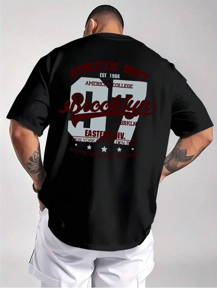 T-shirt sportiva da uomo 100% cotone, maniche corte, girocollo, grafica vintage Brooklyn '97, vestibilità regolare, lavabile in lavatrice - nero - Visualizzare 1