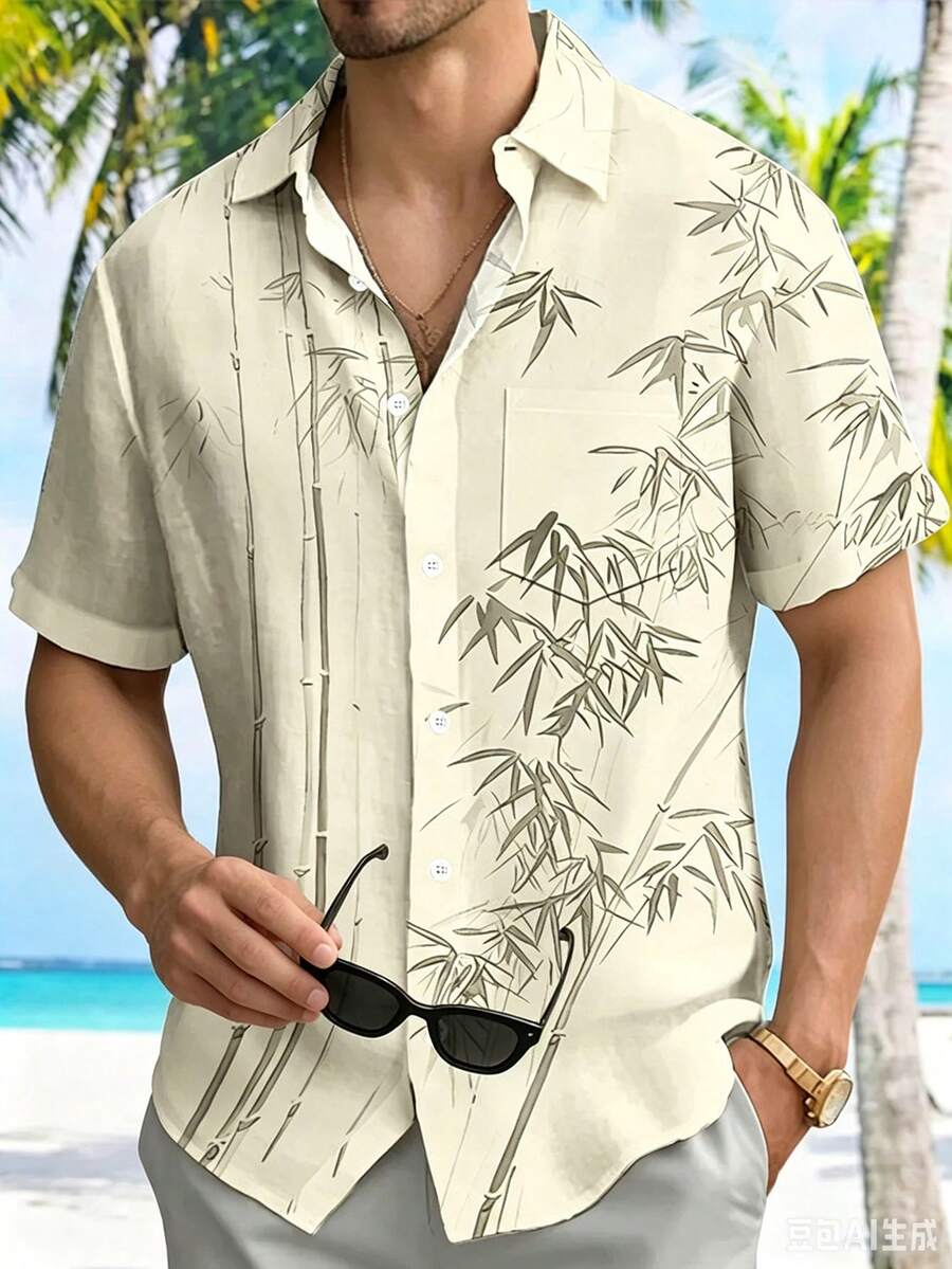 復古竹葉印花男士輕量寬鬆短袖襯衫
