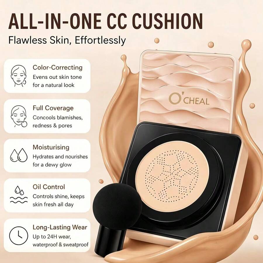Mushroom Head Cushion CC Cream, Even Skin Tone, Oil Control & Moisturizing, Dewy Finish, Waterproof & Sweat-Resistant, 24-Hour Long Lasting, Full Coverage, Buildable, Create Lightweight Natural Base Makeup - Multicolor - View 1