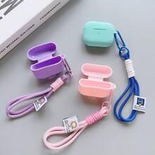 Silicone One-Piece Protective Case Compatible With Apple Bluetooth Earphones, Minimalist Solid Color Design With Travel Clip And Braided Lanyard Set - Mint Green - View 4