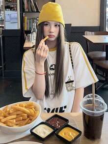 女款寬鬆條紋拼色字母印花短袖T恤，百搭夏季上衣休閒白色 - 白色 - 查看 3