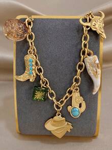 Western Cowboy Stainless Steel Necklace Bracelet For Men Women,Vintage Turquoise Boot Beads Charms Gold Jewelry Set,Party/Christmas/Vacation/Boho - Multicolor - View 3