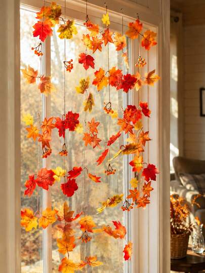 1 Set Autumn Leaf Wreath Curtain Felt Material Autumn Hanging Decor, Rustic Bohemian Style, Orange Red Yellow Leaf Decoration, Window Door Wall Hanging Decor, Thanksgiving Home Party Seasonal Indoor Decoration