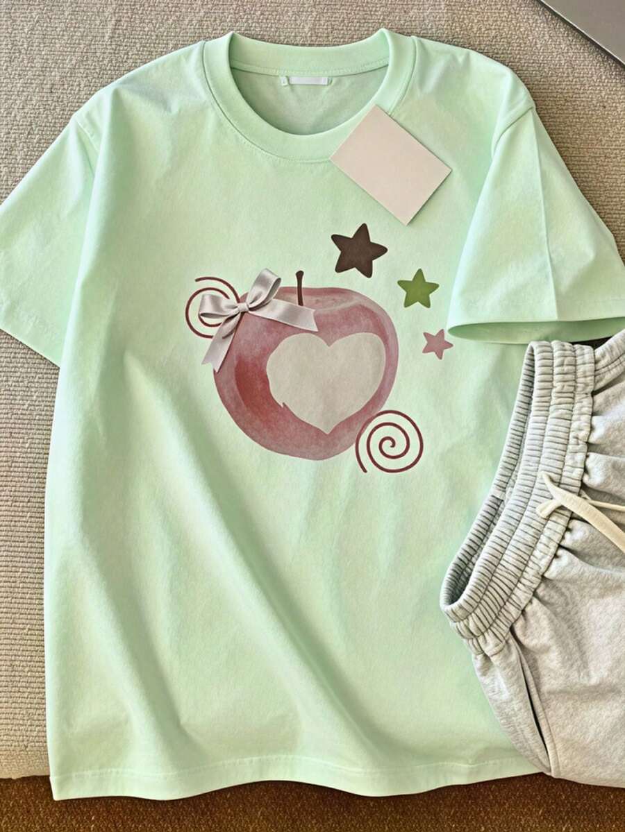 Little Apple Print Short Sleeve T Shirt, Casual Short Sleeve, Perfect Choice For Summer Comfortable Women's Fashion Breathable - 薄荷綠 - 查看 1