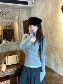 Women's Slim Fit Henley Button Long Sleeve Base Layer T-Shirt, Thin Crew Neck Top For Spring - Light Grey - View 9