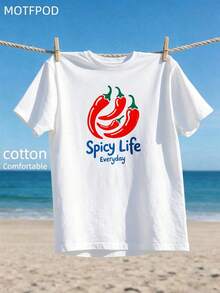 Casual Graphic Style, Women's T-Shirt, Red Chili Peppers Spicy Life Everyday Print, Summer Beach Vacation, Gift For Friends Or Family - White - View 4