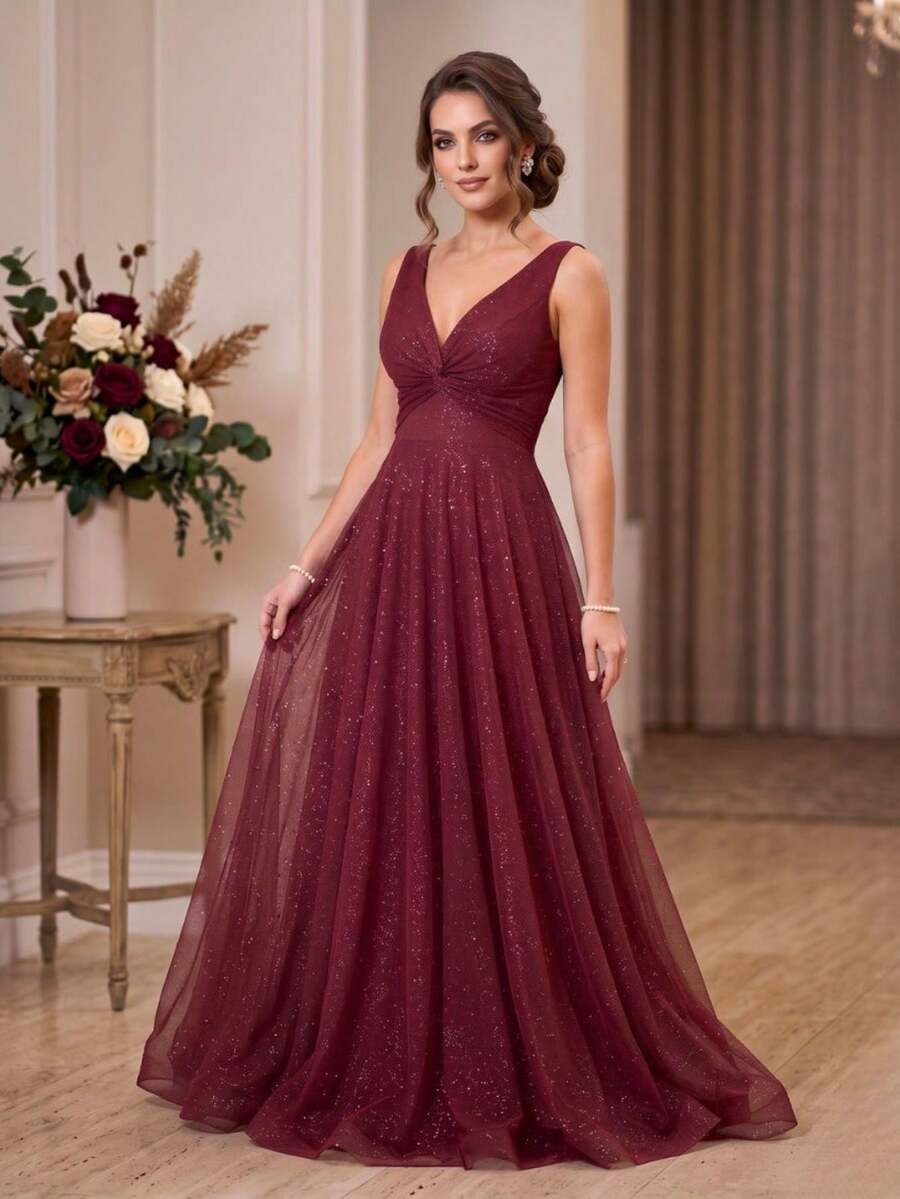 Grife Velasco Long Evening Party Dress Bridesmaid Tulle Glitter Full Skirt Prom P To Plus Size - 紅木色 - 查看 1