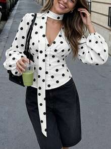 French Vintage Polka Dot Ribbon Blouse For Women, Design-Focused V-Neck Cinched Waist Puff Sleeve Fitted Long Sleeve Top, Suitable For Commuting, Dating, And Street Photography - White - View 5