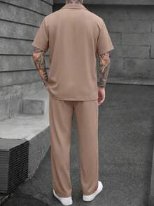 Plus Size Men's Loose Short Sleeve Pants Set, Woven Non-Stretch Straight Collar Button Front Casual Suit For Daily Wear - Khaki - View 4