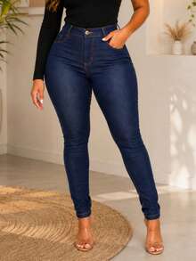 Women's Skinny High-Waisted Jeans With Lycra And Push-Up Effect Basic - 深色洗 - 查看 1