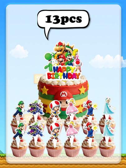 Asmodee Licensed Super Mario Themed Cake Topper Decor Kit, Complete Dessert Styling Set Comes With Large Happy Birthday Main Cake Sign & Assorted Character Cupcake Picks, HD Authentic In-Game Character Printing, Thick Sturdy Paper Material