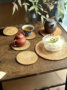 6pcs Handmade Rattan Coaster Set - Autumn Vine Design, Heat-Resistant Pot Holder, Suitable For Kitchen And Dining Room, Wooden Storage Tea Set, Valentine's Day, Valentine's Day Wedding, Birthday - Brown - View 5