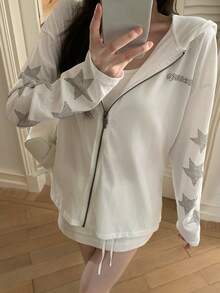 Rhinestone + Sword Zipper Pull + Gunmetal Zipper Casual Sun Protection Cover-Up Shirt For Women White - White - View 3