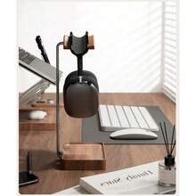 1Pc Walnut Headphone Stand, Stores Desktop Items, Desktop Storage Stand, Non-Slip Base, Stable Load-Bearing, Suitable For Most Headphone Models, Charming Decoration, High-Quality Desktop Ornament, Office School Desk Accessories, School Essentials, Office Decor And Accessories, Back To School - Multicolor - View 9