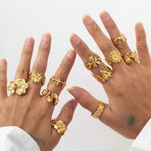 304 Stainless Steel Ring Set, Geometric Flower & Leaf Design, Premium Titanium Steel, 18K Gold, Fade-Resistant Jewelry Accessories - Gold - View 3