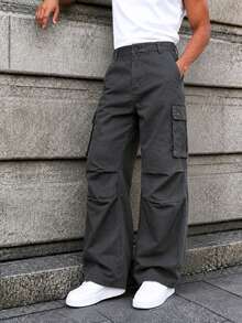 Men's Minimalist Loose Long Solid Color Cargo Pants, Suitable For Autumn, Street Style Cargo Pants, Personalized Multi-Pocket Practical Lumberjack Pants, Wide Leg Pants - Grey - View 4