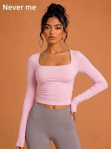 Never me Women's Sports T-Shirt, Square Neck Long Sleeve Top, Ruched Waist, Cropped Fit, High Elasticity Yoga Fitness Base Layer - Pink - View 10