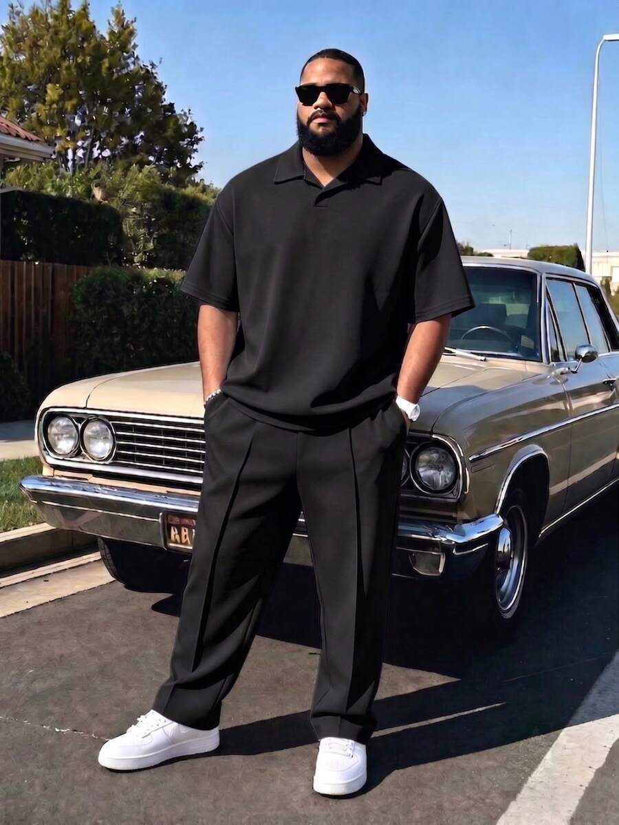 Men's Plus Size 2-Piece Set, Summer Short Sleeve Top And Pants, Men's Plus Size Solid Color T-Shirt Set - Black - View 1