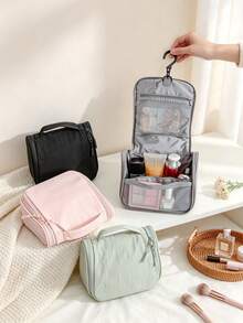 1Pc Plain Waterproof Hanging Hook Travel Toiletry Bag Large Capacity Multi Pocket Foldable Cosmetic Makeup Storage Handbag For Women Trip Gym Shower - Multicolor - View 6