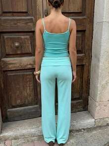 Women Y2K Two Piece Fold Over Waist Flare Pants Set Low Rise Bootcut Leggings And Tank Top Outfit Set Summer Going Out Matching Set - Emerald Green - View 7