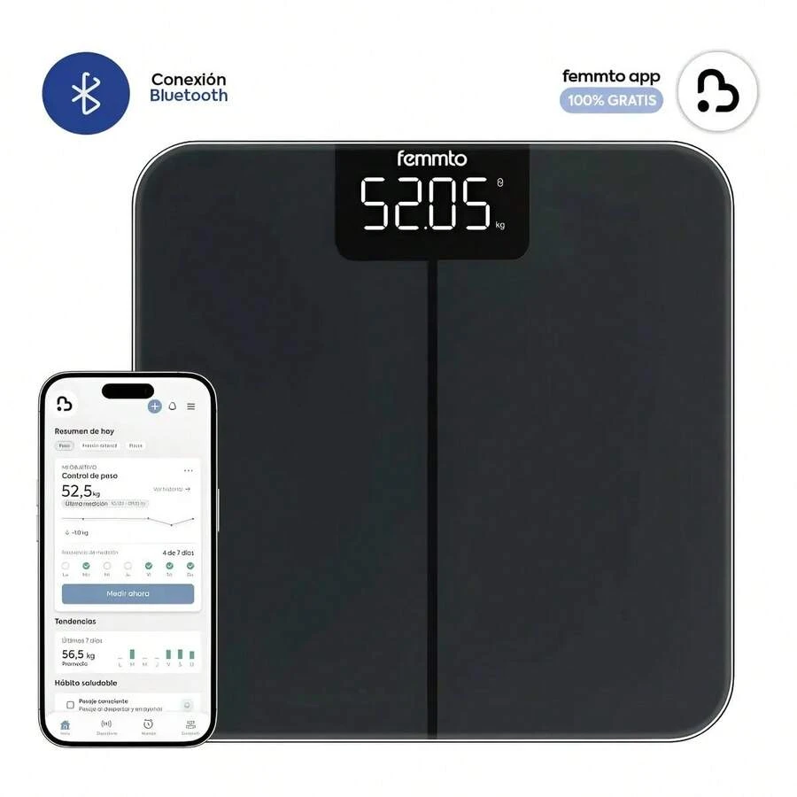 Bascula Digital Personal Femmto Peso Corporal Con Bluetooth Moderna Minimalista 180 Kg Baño - negro - Ver 1