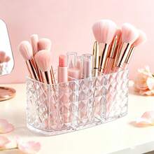 Crystal Makeup Brush Holder Organizer,Makeup Organizers Countertop | 3-Compartment Comb Brushes Pen Pencil Storage Box Container For Vanity, Desktop, Bathroom - Crystal Pattern Transparent - View 5