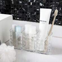 Crystal Makeup Brush Holder Organizer,Makeup Organizers Countertop | 3-Compartment Comb Brushes Pen Pencil Storage Box Container For Vanity, Desktop, Bathroom - Crystal Pattern Transparent - View 10