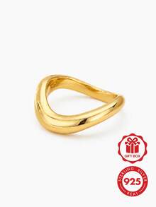 Minimalist & Unique S925 Sterling Silver 18K Gold Plated Glossy Wave Design Bold Women's Ring - Platinum Ripple Wave Thin Ring - View 2