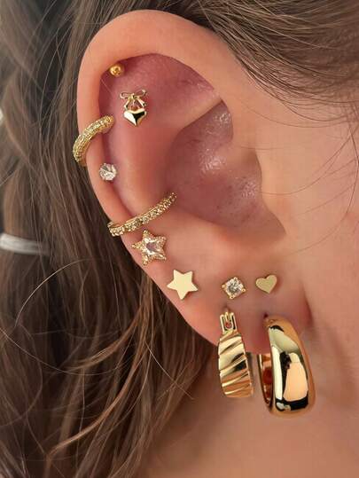 Dainty Gold Earring Pack, Star Heart & Bow Cubic Zirconia Stud Earrings With Twisted & Smooth Huggie Hoops, Minimalist Stackable Jewelry For Everyday