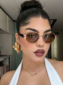 1pc Fashionable Small Polygon Metal Frame Glasses, High-End Personalized Street Style, Suitable For Women's Summer Street Photography, Tropical Beach Vacation, Outdoor Leisure Activities - Brown - View 4