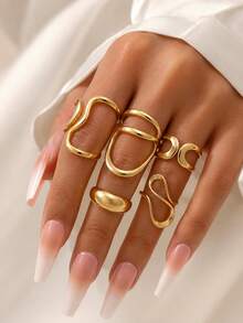 Set de 5 anillos con diseño geométrico de moda para mujeres - Amarillo Oro - Ver 1